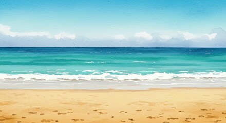 Fototapeta premium Watercolor Beach Seascape Illustration Featuring Blue Ocean Sky Sand and Waves