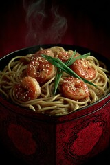 Chow mein: Fresh honey walnut shrimp and noodles in takeout box.