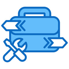 Work Transition - Blue Fill Outline Icon - Briefcase with tools and bidirectional arrows, representing job shift, reskilling, or career change
