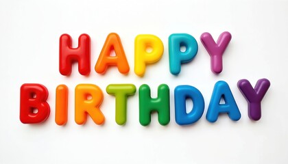 Colorful Happy Birthday letters isolated white background. Festive fun design, great for greeting cards, party invitations, celebrations. Fun text, bright colors, holiday event.