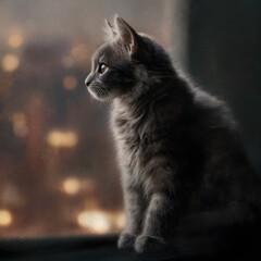 A curious cat gazes out of a window at the city skyline