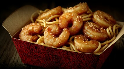 Asian cuisine: honey walnut shrimp and chow mein in plastic takeout box with red branding.
