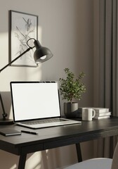 Workspace Desk with Laptop Empty Screen Plant Mug Books and Lamp Photo