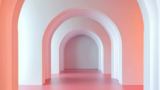 Row of white arches in gradient coral room, minimalist style
