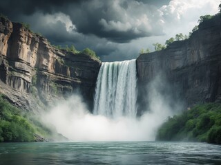 Majestic Waterfall Amidst Towering Cliffs and Dramatic Sky, A Breathtaking Scene.