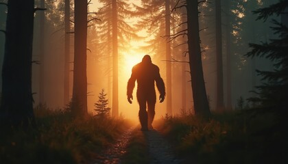 Bigfoot silhouette walking path in misty forest sunset. Mysterious Sasquatch creature in natural habitat. Enigmatic twilight scene, legend exploration, outdoor adventure, myth, paranormal, curious