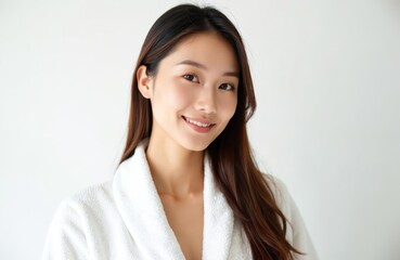 Young asian woman with fresh clean skin smiling, looking at camera. Portrait beauty, wellness, cosmetology treatment. Female wearing white bathrobe, healthy skin, facial skincare. Face care, facial