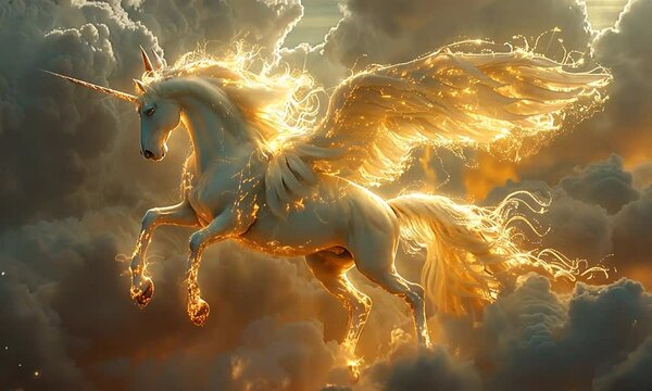 Majestic winged unicorn soaring through golden clouds, radiating light and magic in the sky