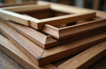 Closeup custom-made wooden picture frames in carpenter workshop. Pro woodwork, framing, art decoration. Focus on detail, texture, craftsmanship, timbering. Design concept, interior decor, handmade