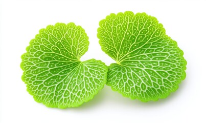 Two bright green leaves, isolated on white, botanical detail, nature background, for health or botany publications
