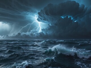 Dramatic Seascape with Lightning Storm Over the Ocean Waves Crashing and Dark Clouds.