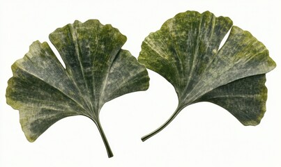 Two ginkgo biloba leaves, isolated, white background, botanical illustration, nature photography, for health or nature publications