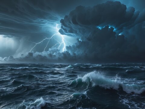 Dramatic Seascape with Lightning Storm Over the Ocean Waves Crashing and Dark Clouds.