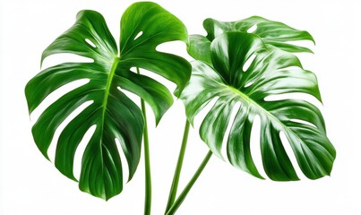 Two vibrant green monstera leaves isolated on white background; ideal for design