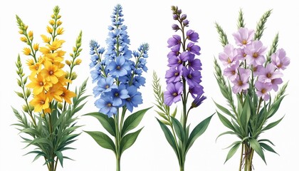 Fototapeta premium Set wild flowers isolated on white background. Watercolor painting floral composition of yellow blue purple pink flowers. Botanical illustration, collection for wedding decor, greeting cards design,