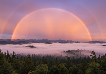 Photo of Double Rainbows Arcing Across a Misty Landscape with Trees and Hues of Pink Orange and Purple