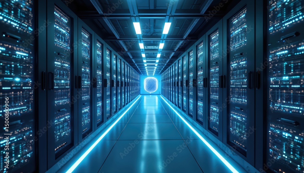 Poster Server room rows of servers, enhanced with AI technology. Network infrastructure, computer hardware, digital cyberspace data storage. Data processing, communication innovation in modern data center.