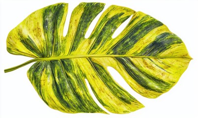 Variegated Monstera leaf, isolated, tropical plant, white background, design element