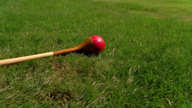 Close-up shot of a wooden croquet mallet with a red ball resting on green grass lawn in sunny daytime conditions.