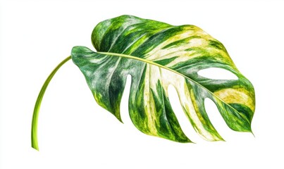 Variegated Monstera leaf, isolated, white background, nature