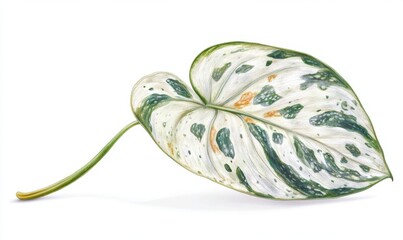 Variegated Philodendron leaf isolated on white; botanical illustration for gardening websites