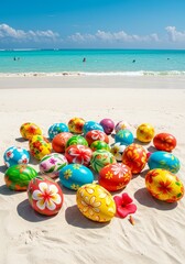 Obraz premium Photo of Easter Eggs on Sandy Beach With Colorful Decorations and Azure Ocean