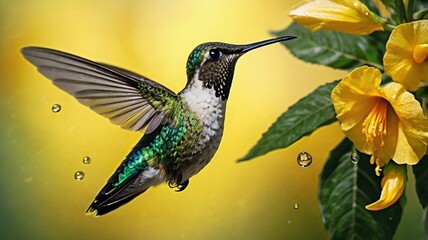 Fototapeta premium breathtakingly intimate, extreme close-up of a iridescent hummingbird, its delicate, emerald-green throat patch and slender, elongated wings a blur of motion as it hovers in mid-air, its bright