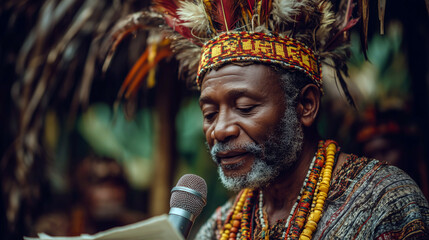 Fototapeta premium Indigenous man in traditional attire speaking into microphone