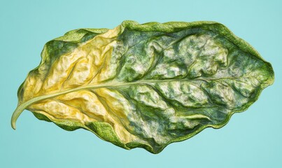 Wilting leaf, half yellowed, half green, isolated, studio shot, plant disease concept