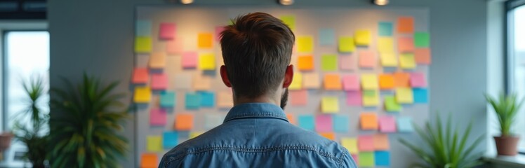 Rear view of man studying colourful sticky notes on wall. Brainstorming in modern office. Business planning session, creative thoughts, innovation strategy. Concept of ideas, teamwork, project,