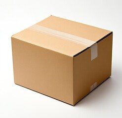A light beige cardboard box, closed and ready for shipping.  Tape secures the box