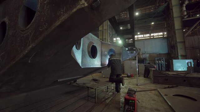 Industrial worker welding metal ship hull in shipyard. Stock clip