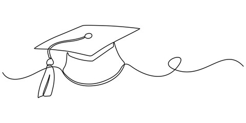 Continuous one line art drawing of graduation hat design vector illustration, Graduation cap and diploma continuous one line drawing. hand drawn line art vector illustration of graduation hat, minimal