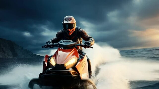 A man in full gear on a jet ski takes part in a race, cuts through the waves across the blue sea, ocean in cloudy weather