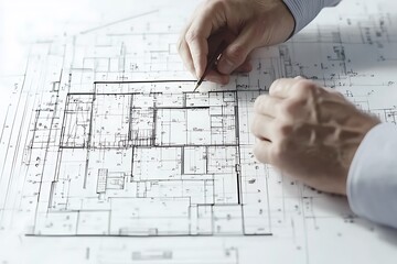 Architect reviewing building floor plans with precision and detail
