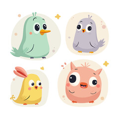 Cartoon vector illustrations, set of 4 birds, funny characters. Multicolored