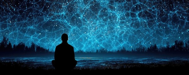 Obraz premium Peaceful mind for relaxation with focus and therapy concept. A person meditates under a starry night sky, reflecting on life.