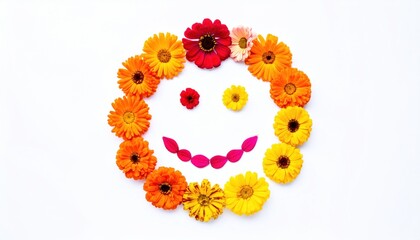 Floral smiley face, circle of orange/red blooms, petal mouth on white