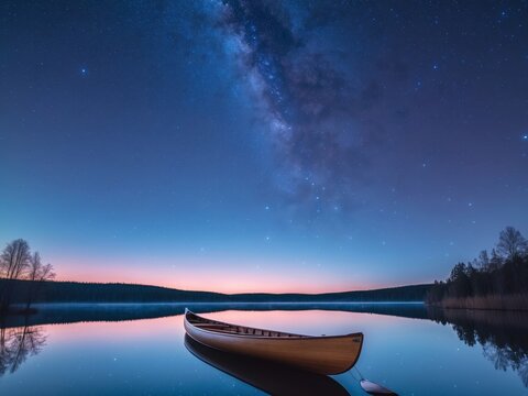 Canoe Under the Milky Way. A Serene Night on the Lake with Starry Reflections.
