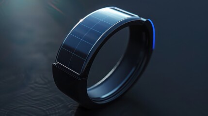 Close up shot of a futuristic black ring with a solar panel design on a dark reflective surface