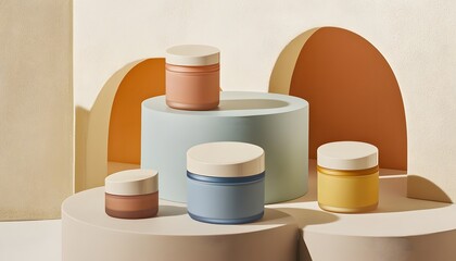 Decorative cosmetic containers displayed on tiered platforms.