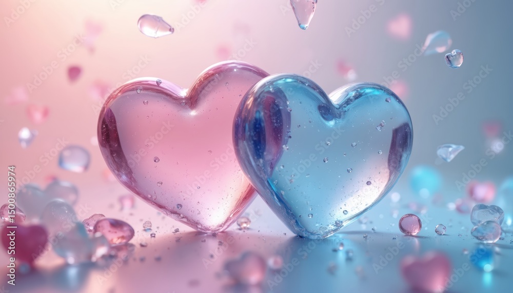 Poster 3d rendering valentines day background features glossy heart shapes, ice crystals. translucent blue 