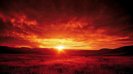 Obraz premium A vivid sunset over a field with hills and dramatic clouds creating a fiery and intense landscape