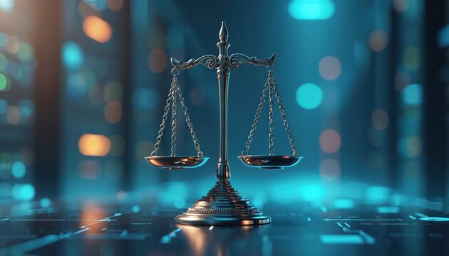 Digital law concept scales of justice on data center background. Tech meets legal, digital transformation. Cyber justice, ethical AI in legal industry. Automation, fairness, security concepts.