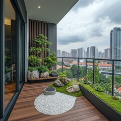 Balcony garden with city view.  Modern balcony design featuring a zen garden, potted plants, and a city skyline.  Wooden deck,  dark gray railings, and sliding glass doors leading to the interior