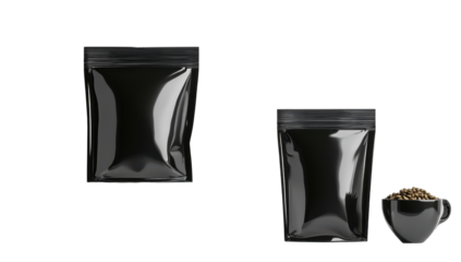 Two black resealable pouches, one with small dark beans beside