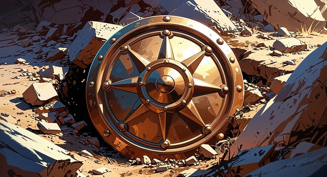 Bronze shield boss buried partially in loose dirt anime cartoon illustration design