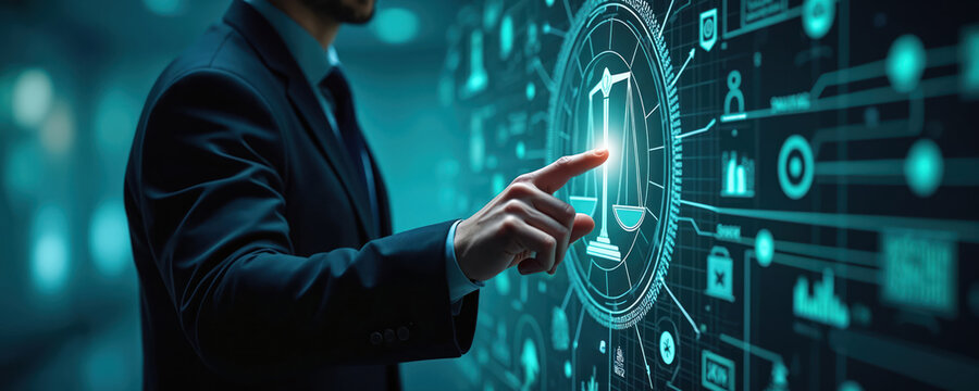 Executive in suit points transparent digital interface displaying scales justice with interconnected icons. High-tech boardroom, dark theme, glowing elements of ai tech, business, compliance,