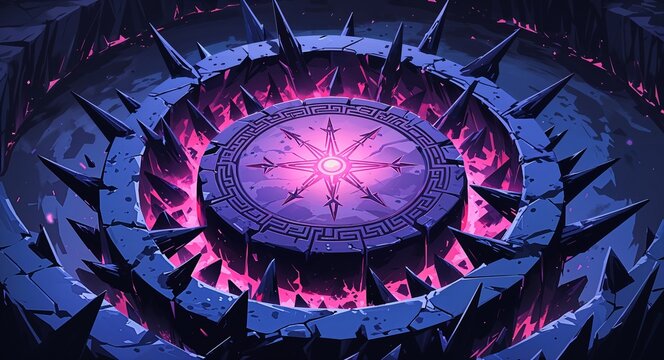 Glowing runestone set in the center of a circle of darkened spikes anime cartoon illustration design