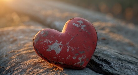 Fototapeta premium Red Heart on Weathered Wood. A Symbol of Love, Resilience, and Enduring Passion.